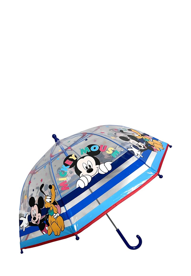 Clear plastic umbrella with blue and white stripes. Features cartoon characters including Mickey Mouse and Pluto. Red trim and hook handle.