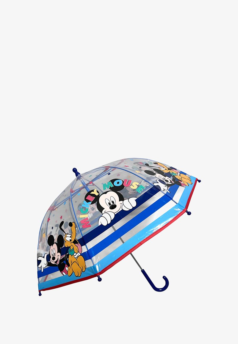Clear plastic umbrella with blue and white stripes. Features cartoon characters including Mickey Mouse and Pluto. Red trim and hook handle.