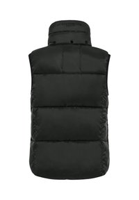 Zwarte gewatteerde mouwloze vest met hoge kraag en "Frieda & Freddie New York" branding op de achterkant van de kraag.