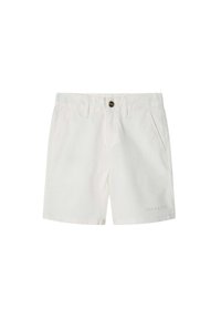 Pantaloni corti in cotone bianco con chiusura a bottone, due tasche frontali e dettaglio del logo ricamato. Design semplice con taglio dritto e finitura pulita.