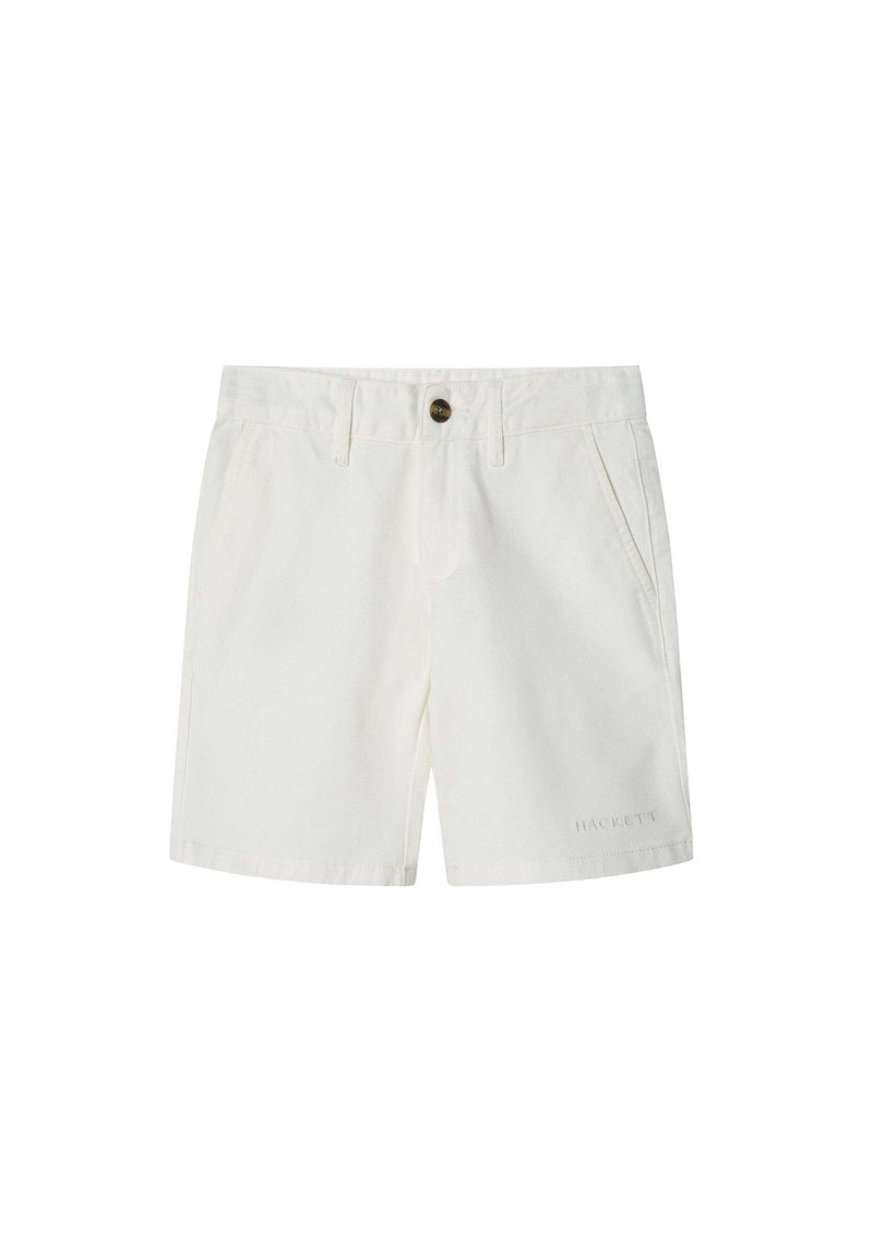 Pantaloni corti in cotone bianco con chiusura a bottone, due tasche frontali e dettaglio del logo ricamato. Design semplice con taglio dritto e finitura pulita.