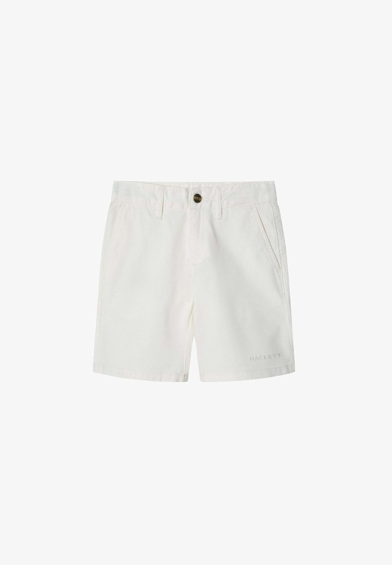 Pantaloni corti in cotone bianco con chiusura a bottone, due tasche frontali e dettaglio del logo ricamato. Design semplice con taglio dritto e finitura pulita.