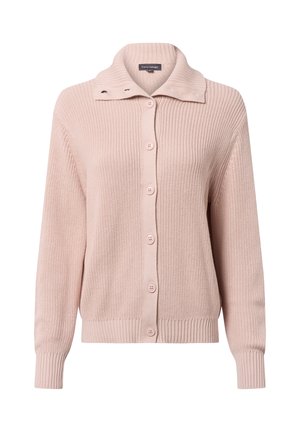 Lichtroze gebreide cardigan met een geribbelde textuur, een brede kraag en zes knoopsluitingen aan de voorkant. Lange mouwen en een aansluitende zoom.