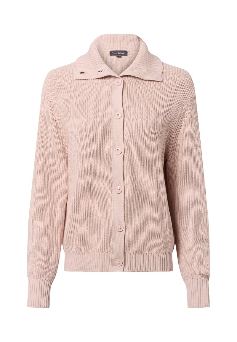Jasnoróżowy kardigan dziany z prążkowaną teksturą, szerokim kołnierzem i sześcioma zapięciami na guziki z przodu. Długie rękawy i dopasowany dół.