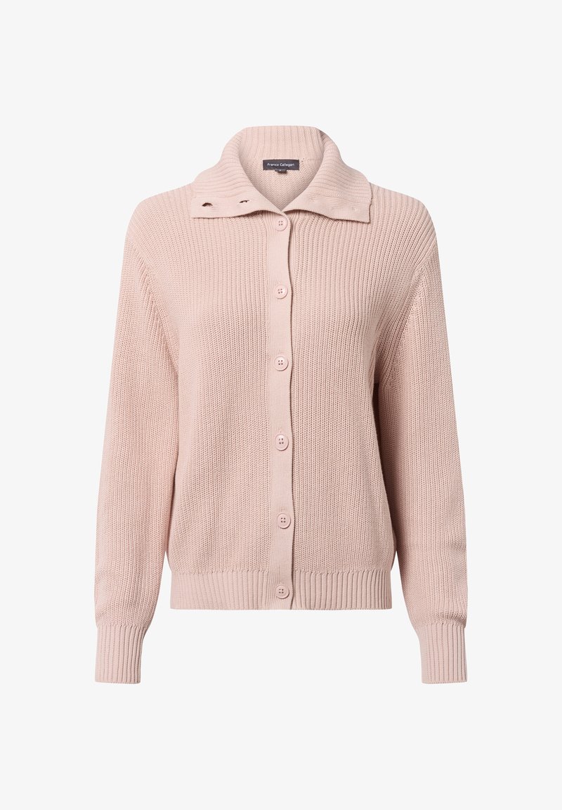 Jasnoróżowy kardigan dziany z prążkowaną teksturą, szerokim kołnierzem i sześcioma zapięciami na guziki z przodu. Długie rękawy i dopasowany dół.