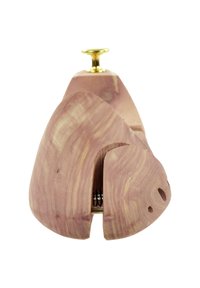 Holzschuhdehner. Hellbraun mit einer glatten Maserung. Verfügt über einen goldenen Metallknopf und einen Federmechanismus sowie Aussparungen zur Anpassung.