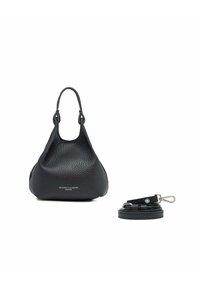 Borsa a tracolla in pelle nera con finitura texture, forma arrotondata, manico superiore e tracolla removibile, con logo del marchio sul davanti.