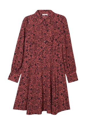 Abito rosso floreale con motivo paisley nero, maniche lunghe, chiusura a bottoni sul davanti e gonna a campana, realizzato in tessuto leggero con una consistenza morbida.