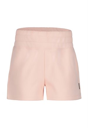 Pantaloni corti rosa chiaro realizzati in un tessuto texturizzato, caratterizzati da una vita elastica e tasche laterali. Lunghezza corta con un design semplice e pulito.