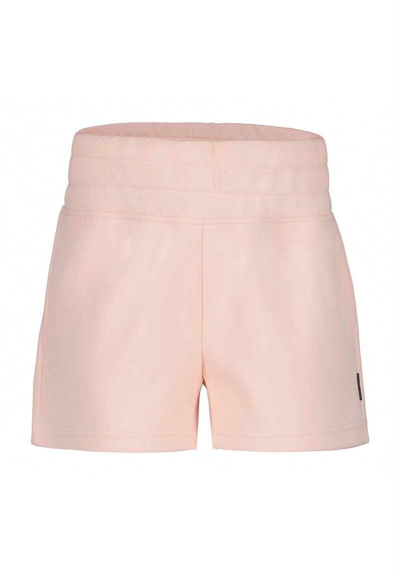 Ljusrosa shorts i strukturerad tyg med elastisk midja och sidofickor. Kort längd med en enkel och ren design.