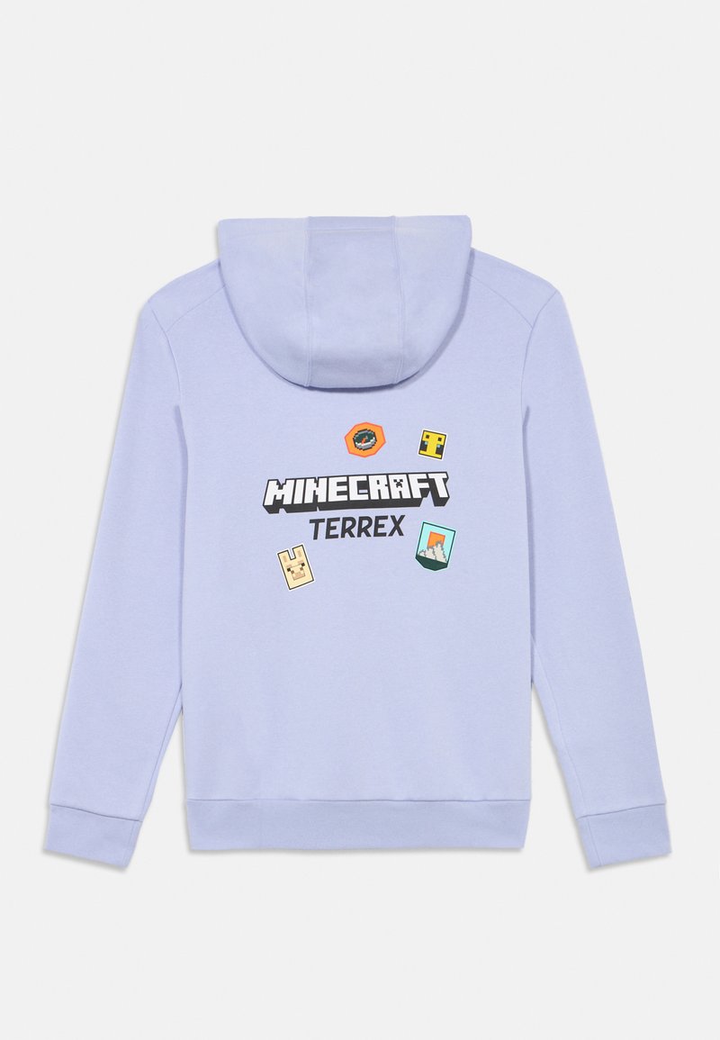 Lichtpaarse hoodie met het Minecraft Terrex-logo en vier pixel art game-iconen op de achterkant, plat weergegeven met de capuchon omhoog.