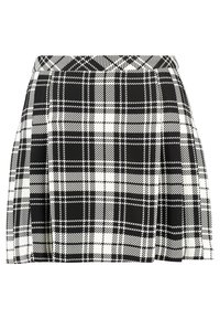 Svart och vit rutig kjol i en utsvängd form, med en texturerad tyg och en figurnära midjeband. Vertikala och horisontella linjer bildar ett rutmönster.