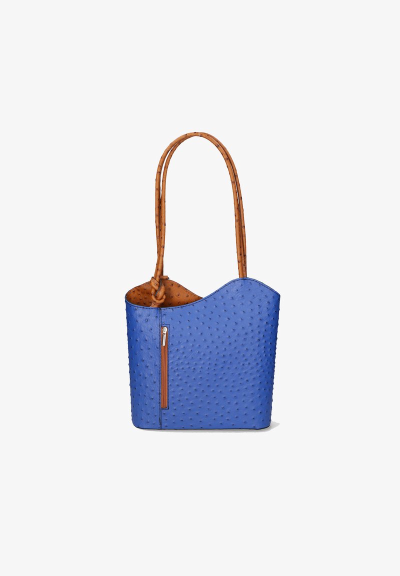 Sac à main texturé bleu avec doubles poignées marron, une poche avant zippée verticale, un bord supérieur incliné et une doublure intérieure lisse.