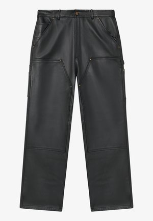 Black leather pants with a loose fit. Features multiple pockets, visible seams, and gold-tone hardware accents. Smooth texture.