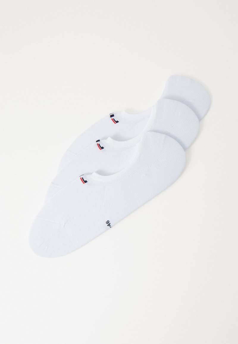 Three pairs of white ankle socks made from soft, textured fabric. Each sock features a small red and blue logo near the cuff.