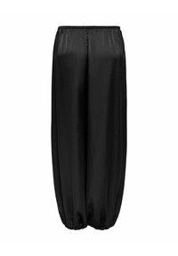 Pantalon large en satin noir avec taille élastique et poignets élastiques aux chevilles, présenté sur fond blanc.