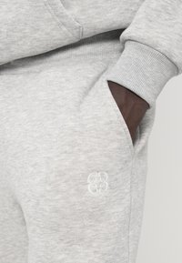 Pilkas džemperis su raukšlėtomis rankovėmis ir šonine kišenėle, ant kurios apatiniame krašte šalia kišenės siuvinėtas baltas logotipas. Glotni tekstūra.