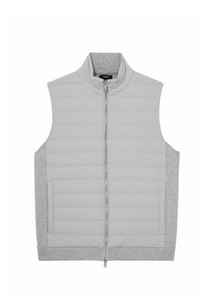 Világosszürke, steppelt, ujjatlan mellény teljes hosszában cipzárral, bordázott szegéllyel, oldalpanelekkel és álló gallérral.