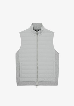 Világosszürke, steppelt, ujjatlan mellény teljes hosszában cipzárral, bordázott szegéllyel, oldalpanelekkel és álló gallérral.