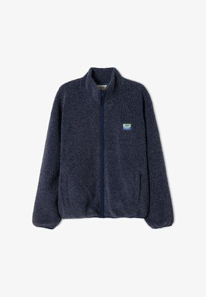 Navy-Fleecejacke mit hohem Kragen und Reißverschluss. Verfügt über zwei Seitentaschen und ein kleines, mehrfarbiges Logo oben links. Weiche Textur.