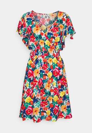 Blumenkleid mit V-Ausschnitt, kurzen Rüschensäumen und elastischem Taillenbund. Verfügt über ein farbenfrohes Muster auf navyfarbenem Hintergrund.