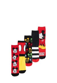 Cinque paia di calzini dai colori vivaci e con design di Topolino Disney, comprensivi di motivi, grafiche in stile fumetto e righe.