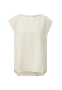 Blusa color crema realizzata in tessuto morbido. Presenta un collo rotondo, maniche corte e una chiusura sul retro. Design semplice e minimalista.