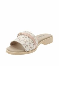 Sandalias tipo slide con un upper de tela blanca y beige con un patrón, una tira de acento rosa y un tacón bajo beige. Presenta un detalle decorativo de botón.