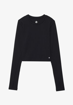 Crop top negru cu mânecă lungă și decolteu rotund, realizat dintr-un material elastic. Are mâneci slim și un detaliu subtil cu logo aproape de tiv.