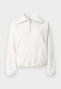 Witte fleece pullover met lange mouwen, kwart ritssluiting, brede kraag, elastische manchet en elastische onderkant.