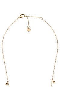 Gouden halsketting met een delicate ketting, voorzien van kleine hartvormige accenten en een karabijnsluiting voor verstelbare lengte.