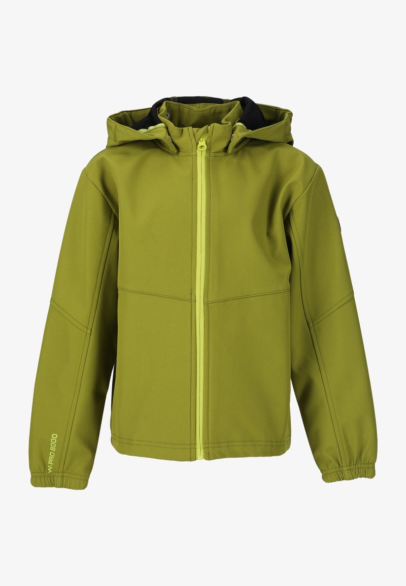 Veste softshell verte avec capuche, comportant une fermeture éclair frontale sur toute la longueur, des poignets élastiques et des coutures contrastées. Texture lisse et design fonctionnel.