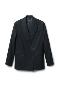 Blazer a righe nere con design doppiopetto, ampi revers, due tasche frontali e chiusure con bottoni neri. Tessuto morbido.