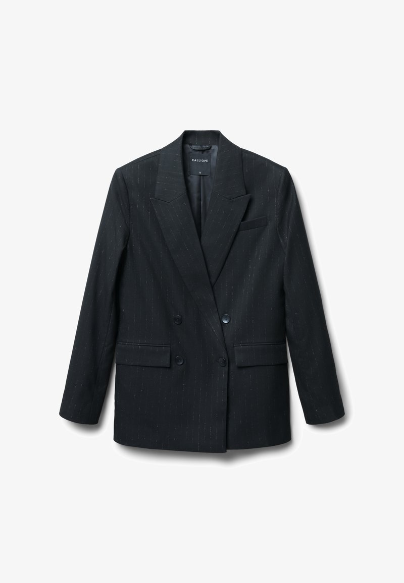 Blazer a righe nere con design doppiopetto, ampi revers, due tasche frontali e chiusure con bottoni neri. Tessuto morbido.