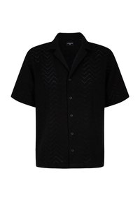 Schwarzes kurzärmeliges Hemd mit Chevron-Muster, lockerer Kragen, Knopfverschluss und strukturiertem Stoff. Das Design bietet eine legere Passform.