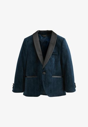 Blazer in velluto blu scuro con colletto sciallato nero in satin, motivo geometrico testurizzato, due tasche frontali e chiusure con bottoni neri.