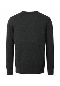 Szary sweter z dzianiny z okrągłym dekoltem, długimi rękawami oraz ściągaczami przy mankietach i dole, o miękkiej fakturze i subtelnym wzorze w cętki.