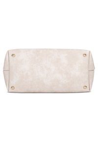 Kreemi värvi kunstnahast kott, millel on tekstuuriga pind, ristküliku kuju ja neli kuldse tooni metalljalga stabiilsuse tagamiseks.