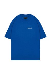 Blue cotton T-shirt with short sleeves, featuring a small white logo that reads "RETERNITY CREATIVE DEPARTMENT" on the front.