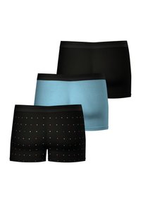 Trois paires de boxers : un noir à pois, un bleu clair uni et un noir uni. Tous présentent des ceintures élastiques noires.