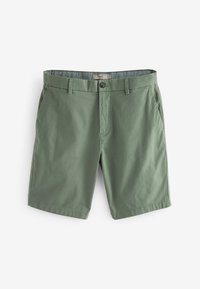 Shorts en coton vert avec fermeture à bouton, poches latérales et coupe droite. Texture douce avec une finition propre et lisse.