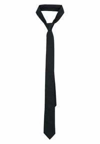 Czarny krawat o gładkiej, błyszczącej fakturze. Klasyczny, długi kształt z zakończeniem w szpic, wiązanym wzornictwem i szeroką częścią kołnierza. Lekki materiał.