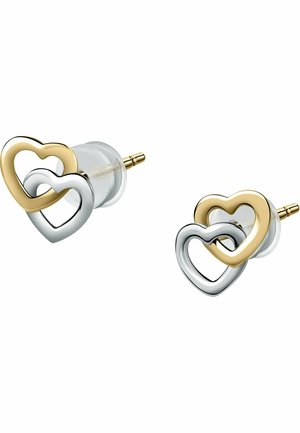 Guld- og sølvfarvede hjerteformede stud øreringe med sammenflettede designs. Har en poleret finish og en standardstift til sikker bæring.