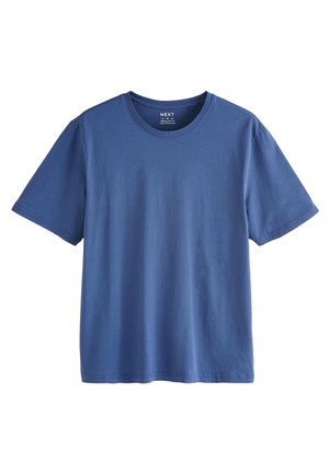 Niebieski bawełniany T-shirt z krótkimi rękawami i okrągłym dekoltem. Gładka faktura, luźny krój, bez wzorów i grafik.