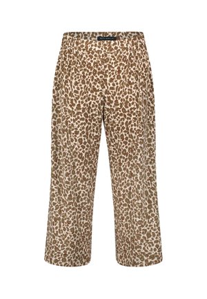 Beige und braune, weit geschnittene Hose mit animalischem Muster, elastischem Bund, vorderen Falten und Betty Barclay Etikett auf der hinteren Taille.