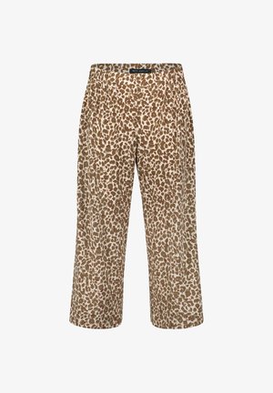 Beige og brune dyreprint bredbenede bukser med elastik i taljen, frontplisseringer og Betty Barclay-mærke på bagsiden af taljen.