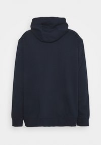 Felpa con cappuccio di colore blu navy realizzata in tessuto morbido. Presenta maniche lunghe, una tasca a marsupio e orli e polsini a costine. Vista posteriore mostrata.