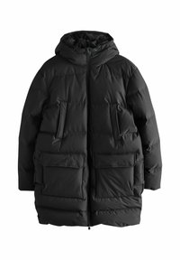 Schwarze Steppjacke mit Kapuze, ausgestattet mit einem Reißverschluss und zwei Fronttaschen. Das Material ist glatt und weist ein gesteppte Design zur Isolierung auf.