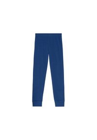 Leggings bleus fabriqués dans un tissu doux, dotés d'une texture lisse, d'une taille élastique et de poignets ajustés au niveau de la cheville.
