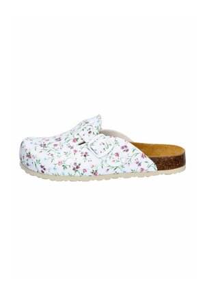 White floral clog with multicolored flower pattern, adjustable buckle, textured sole, and a cork footbed. Smooth, synthetic upper material.